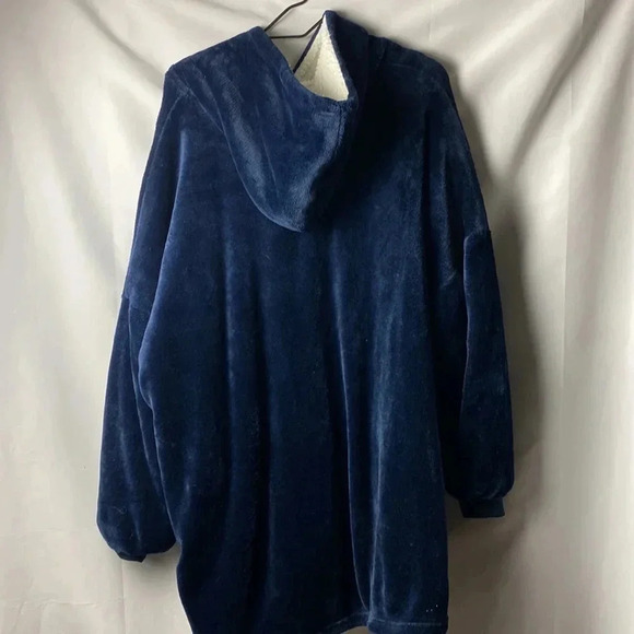 HUGGLE HOODIE NAVY PLUSH VELOUR SHERPA LINING HOODED SLIPOVER FRONT POUCH POCKET - Picture 8 of 13